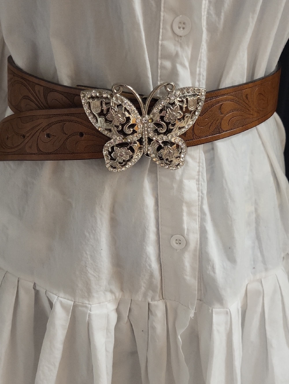 Rhinestone Butterfly Buckle Brown Tooled Leather Belt
